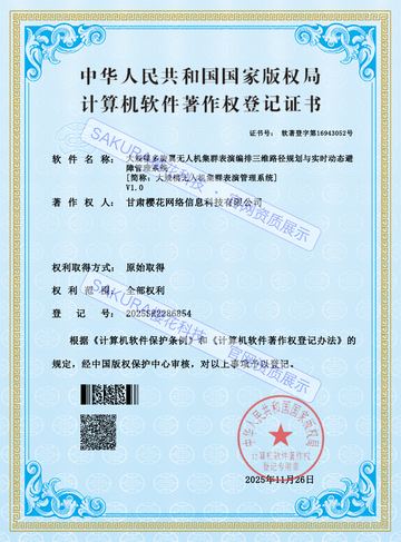 大规模多旋翼无人机集群表演编排三维路径规划与实时动态避障管理系统软件著作权证书