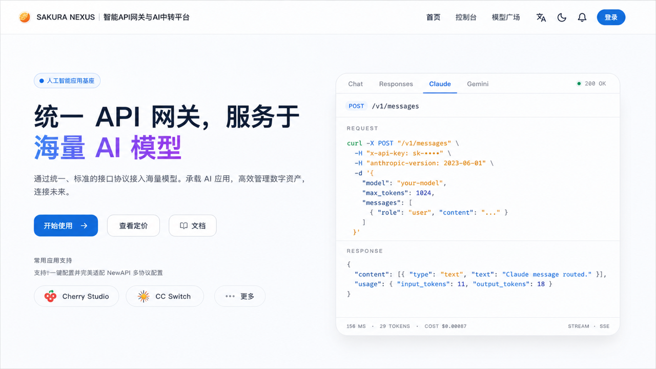 SAKURA NEXUS智能API网关与AI中转平台日间模式界面